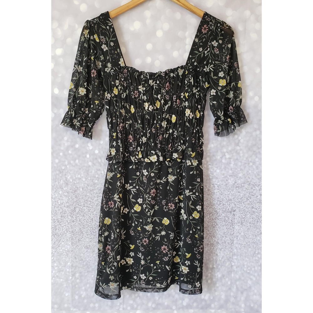 Derek Heart Black Floral Mesh Mini Dress Juniors Medium Peasant